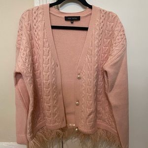 Pink Tartan Feather Trim Cardigan - Sz L